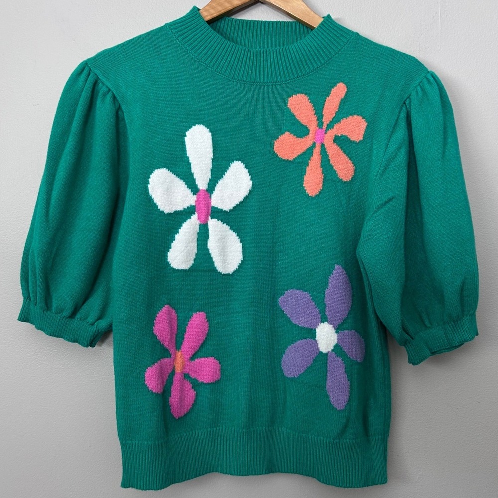 THML Sweater Womens Large Green Floral Embroidered Puff Sleeve Mock Neck Boho